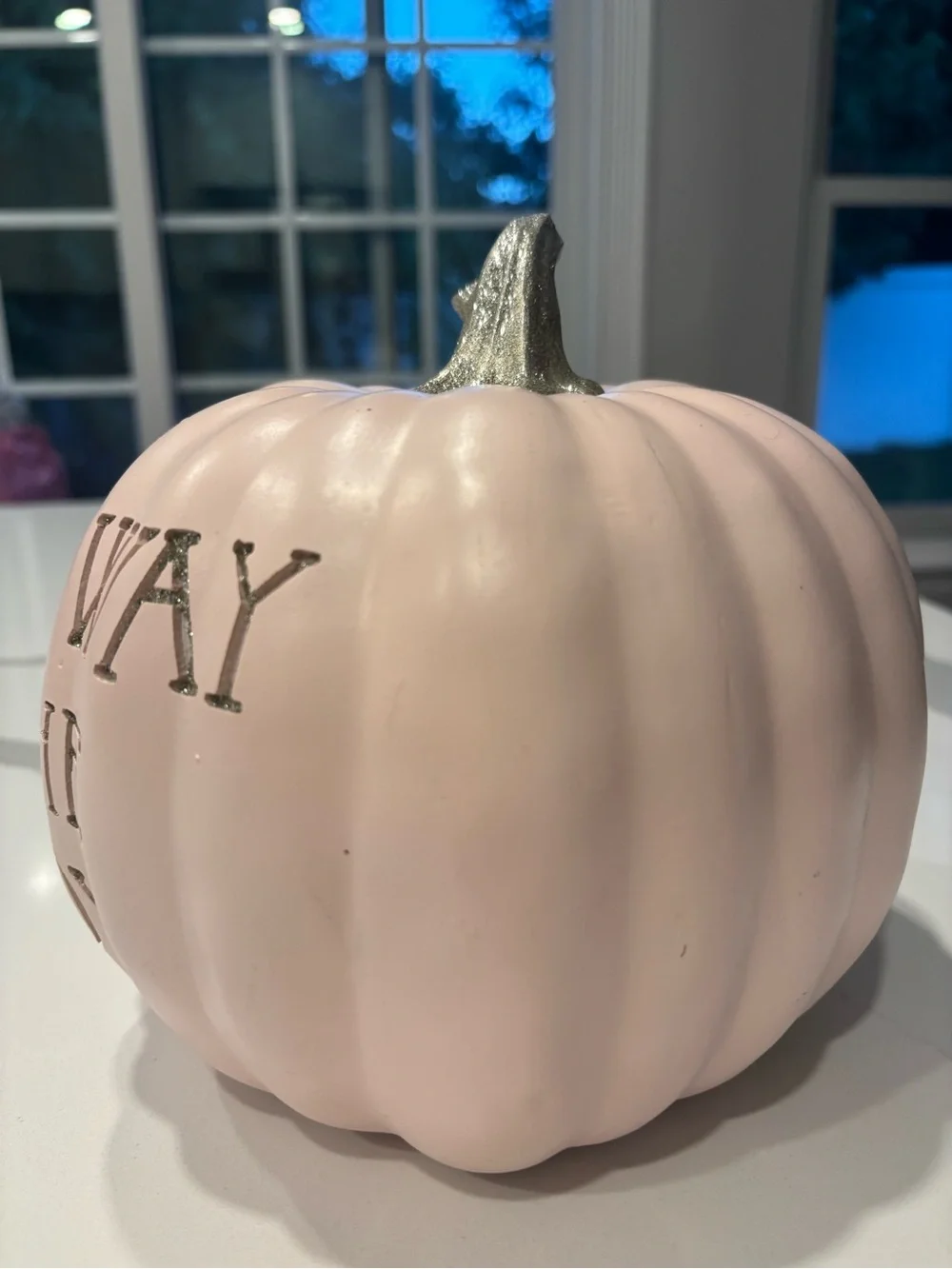 Pink w/ Silver Sparkle Decorative Pumpkin “Witch Way to the Candy” 10 In. Round